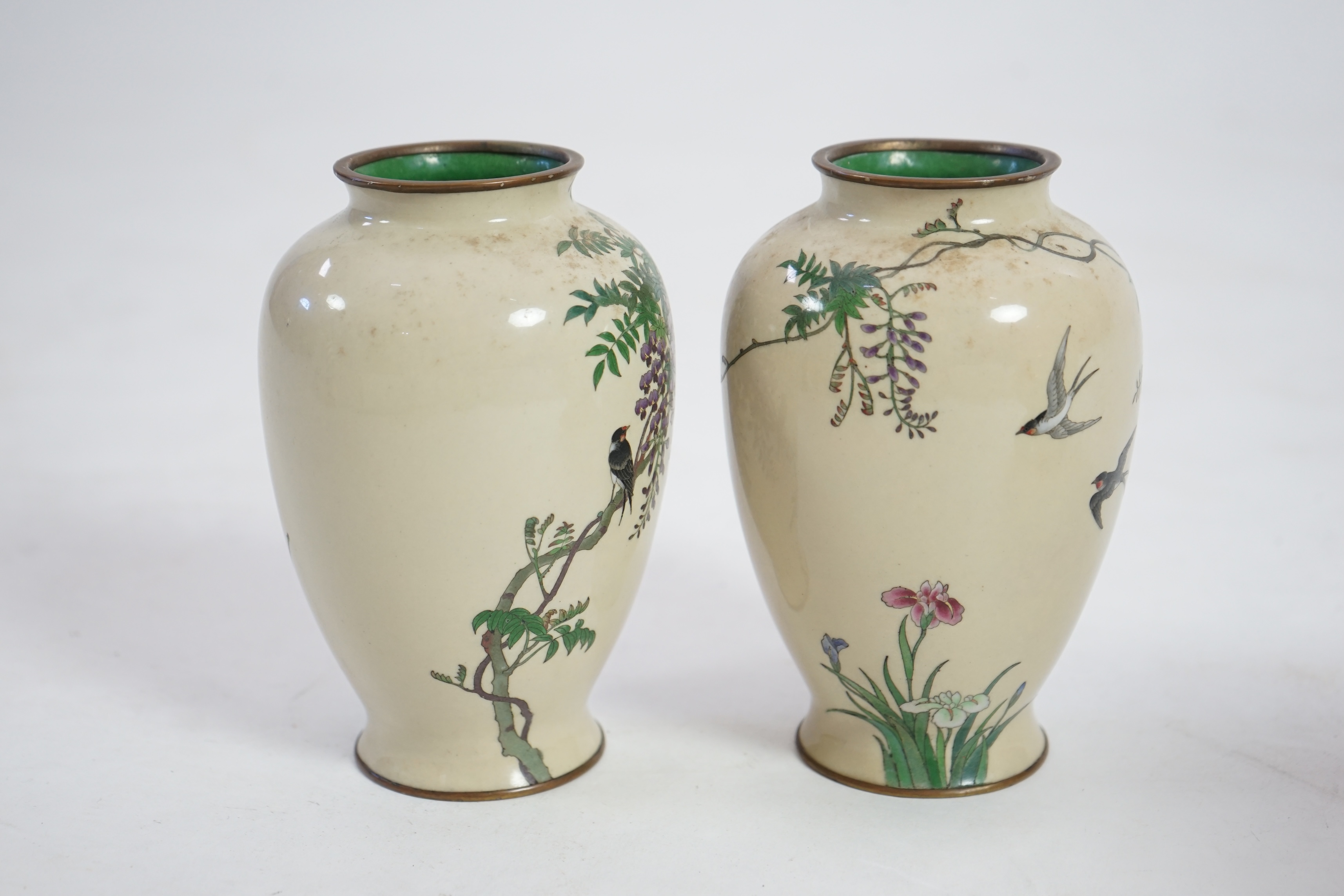 A pair of Japanese silver wire cloisonné enamel vases, late Meiji